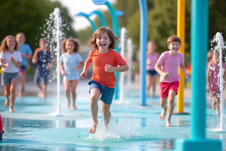 Children running through an interactive splash pad with modern water features