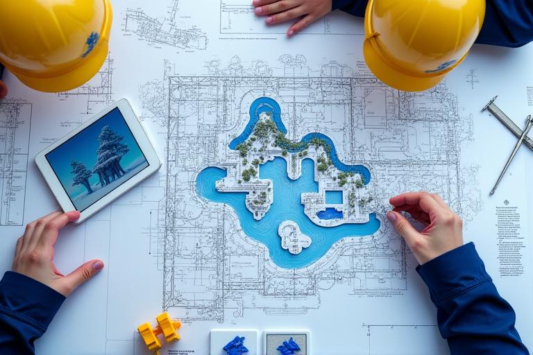 Architectural blueprint of a water park layout with design tools