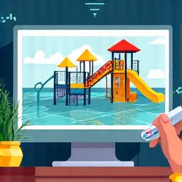 Design icon: Computer screen with 3D model of water slide