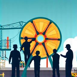 Installation icon: Construction workers installing a water park structure